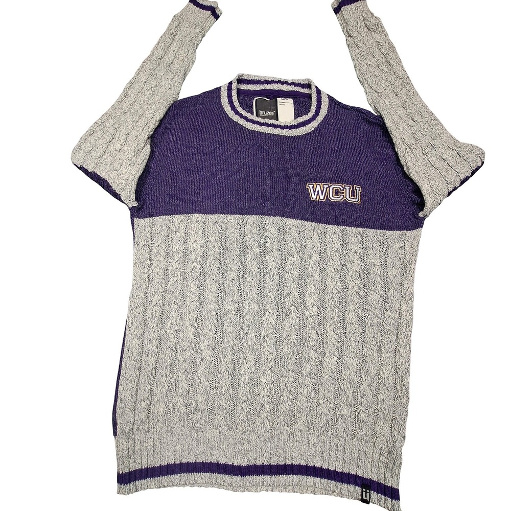Bruzer WCU Western Carolina University Cable Knit Cotton Sweater Purple Gray M
